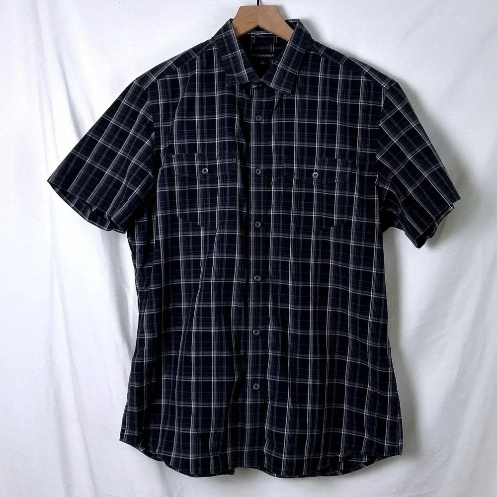 Banana Republic Mens Short Sleeve Plaid Button Down Shirt Black Large Stretch